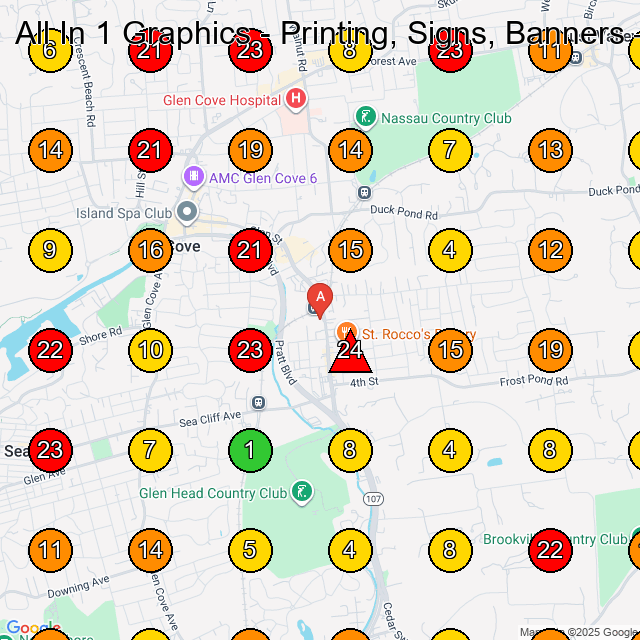 All In 1 Graphics - Printing, Signs, Banners Commercial Printer GeoGrid ranking map for Glen Cove NY